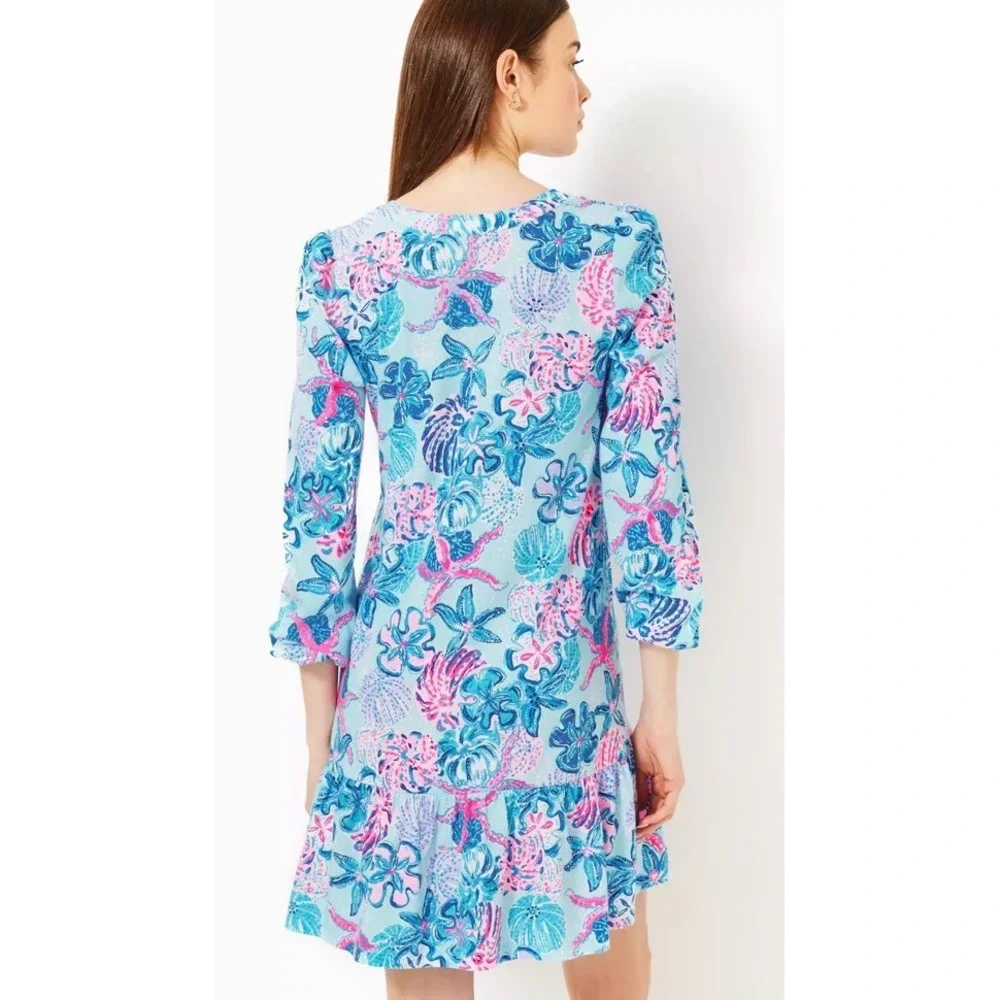 Lilly Pulitzer Alyssa Long Sleeve Dress Blue Pink Floral Ruffle Hem Mini XXS - Picture 3 of 7